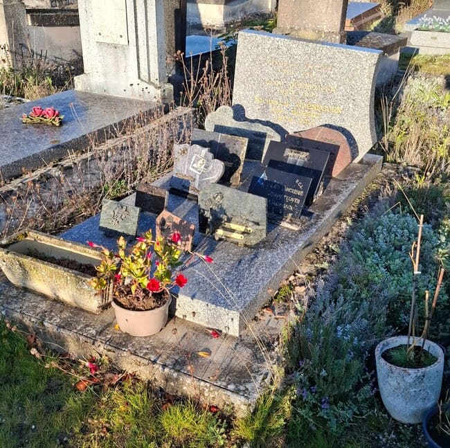 Photographie d'une tombe au cimetière de Pithiviers (45). La tombe est sale, elle est couverte de feuilles mortes, de mousse et de lichen.